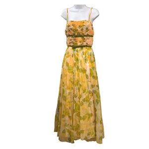 Vintage Yellow Floral Chiffon Maxi Dress Popcorn Bodice Cottagecore Prom